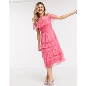 Anaya With Love Women's Pink Mesh Top Ruffle Tiered Tulle Midi Dress Size 12
